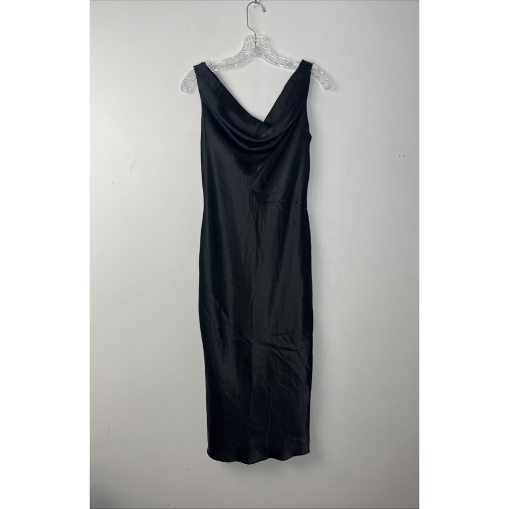 Marina Sleeveless Satin Gown Small Black Cowl Neck Midi Formal Dress Evening